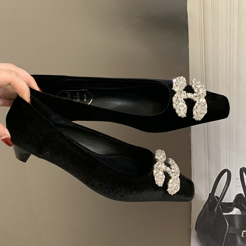 Women's Pairs Of Buckle Rhinestone Square Toe Low Heels