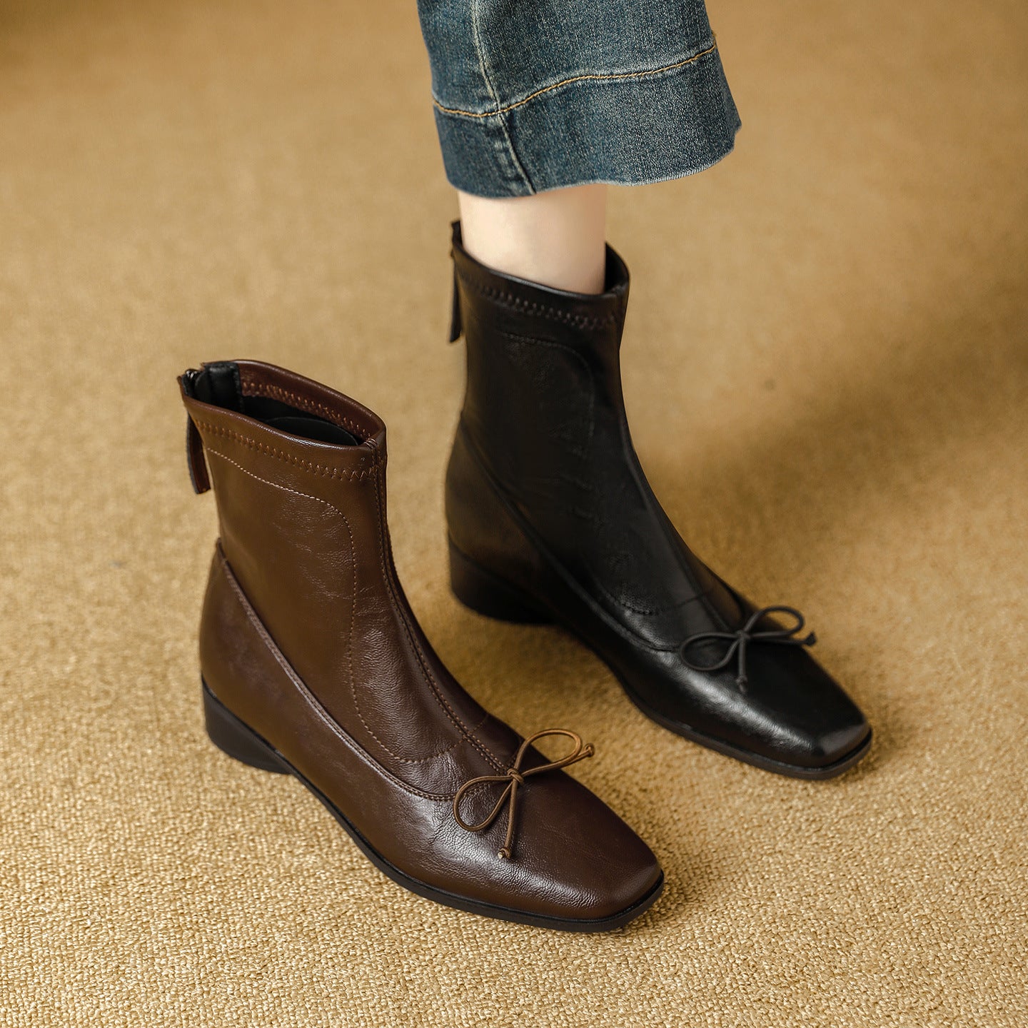 Women's Niche Design Back Zipper Square Toe Low Stretch Boots