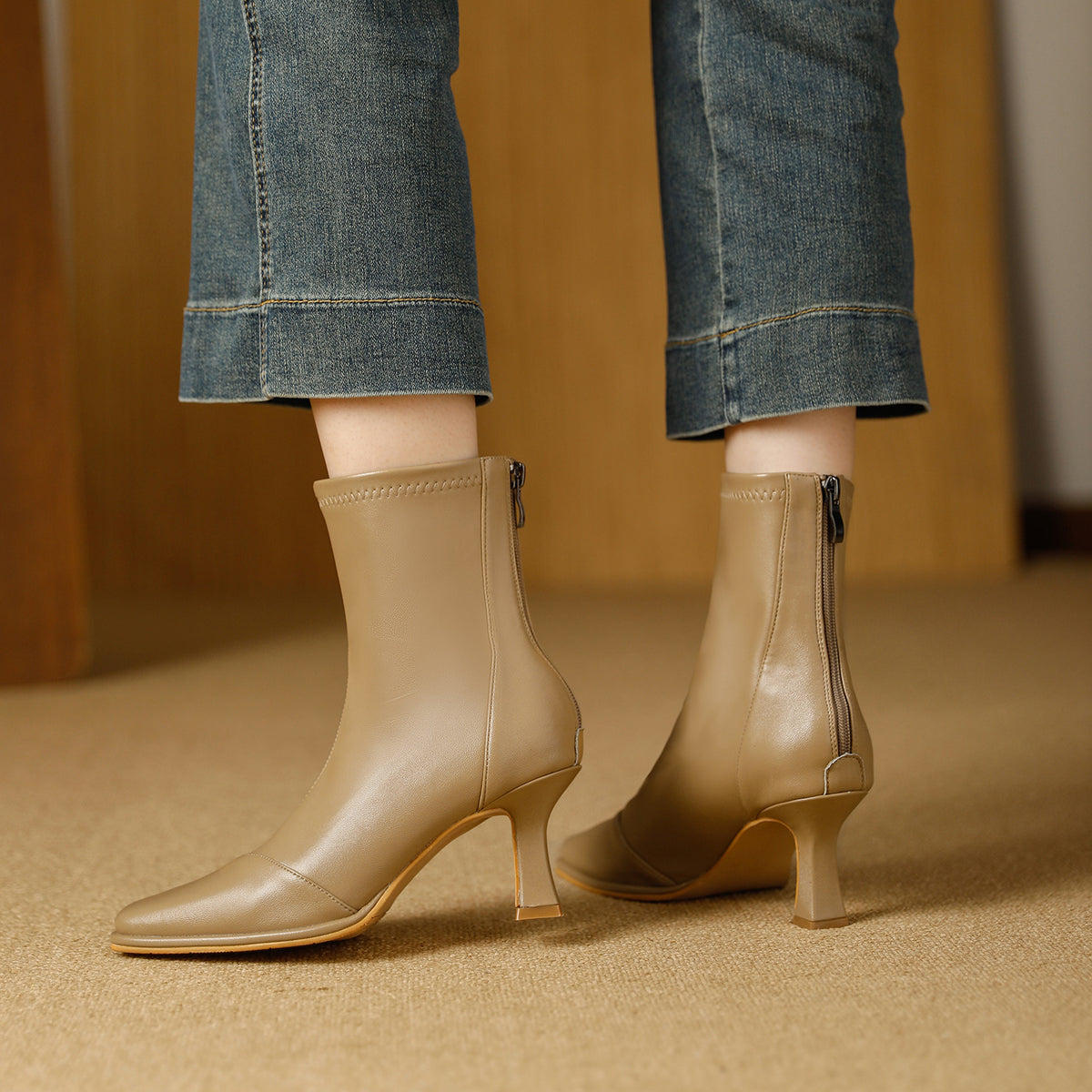 Women's Style High Stiletto Square Toe Back Zipper Graceful Fashionable Slimming Women's Leather Boots