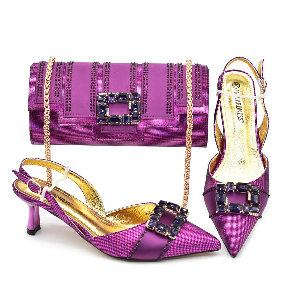Diamond Pointed Toe Thick With Dinner Bag Set Italian Women's Fashion Shoes