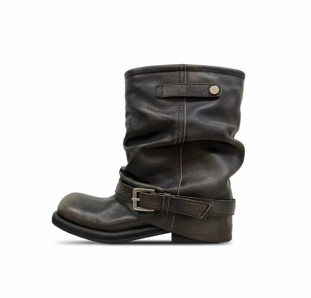 Women's Insole Western Cowboy Pile Style Short Retro Rub Colored Pleated Women's Leather Boots