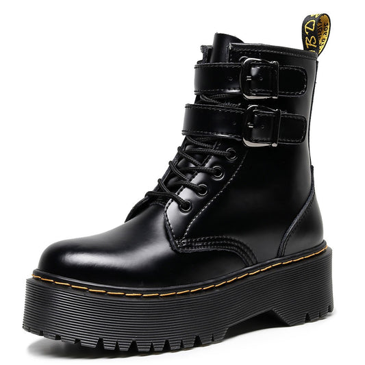 Women's Double Buckle Thick Bottom Martin Side Zipper Hasp Ankle Women's Leather Boots