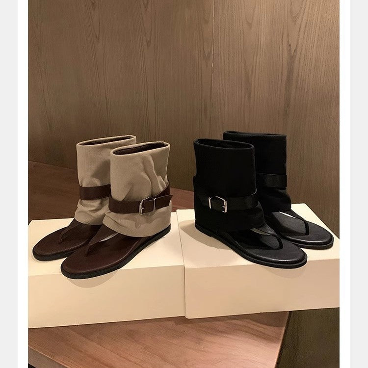 Height Increasing Insole Sneaky Design Color Matching Belt Buckle Toe Women's Leather Boots