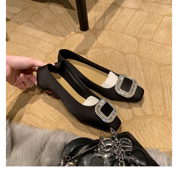 Women's Cowhide Version Rhinestone Square Buckle Toe Satin Shallow Mouth With Heels