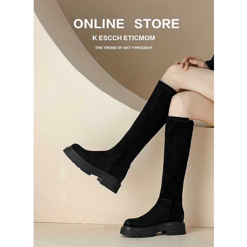 Suede Stretch Skinny Below The Knee Long Women's Leather Boots