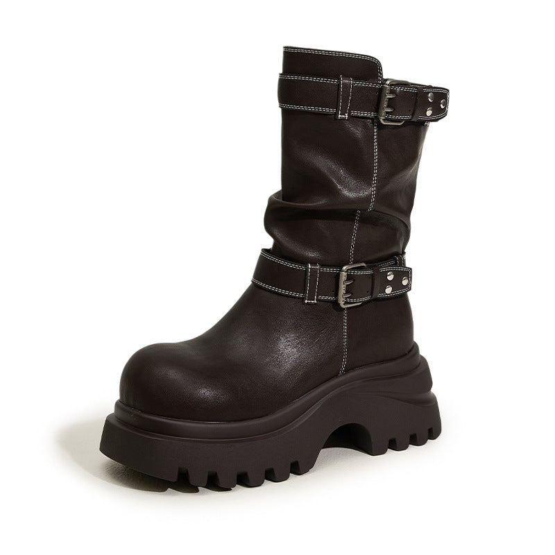 Women's High British Style Pleated Pile Belt Buckle Women's Leather Boots