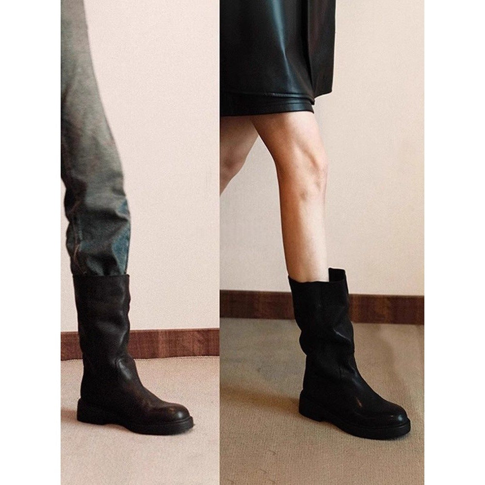 Women's & Men's British Style Thick Bottom Smoke Pipe For Slimming Riding Women's Leather Boots