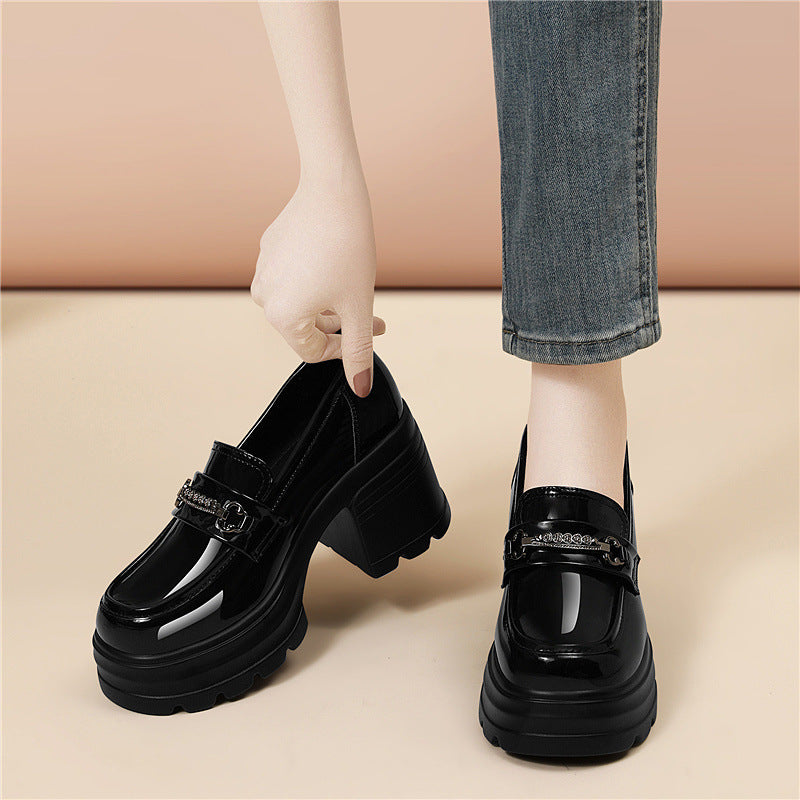 Women's Retro British Style Uniform Pumps Platform Slip-on Leather Shoes