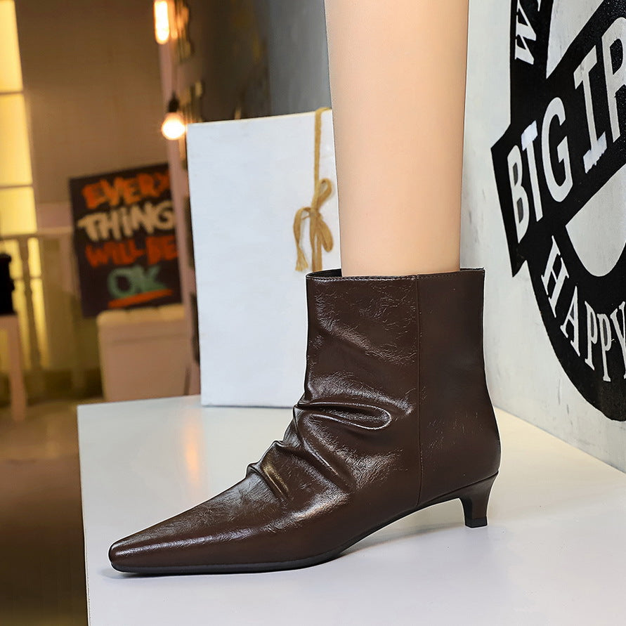 Women's Retro Fashion Stiletto Short Tube Pleated Women's Leather Boots
