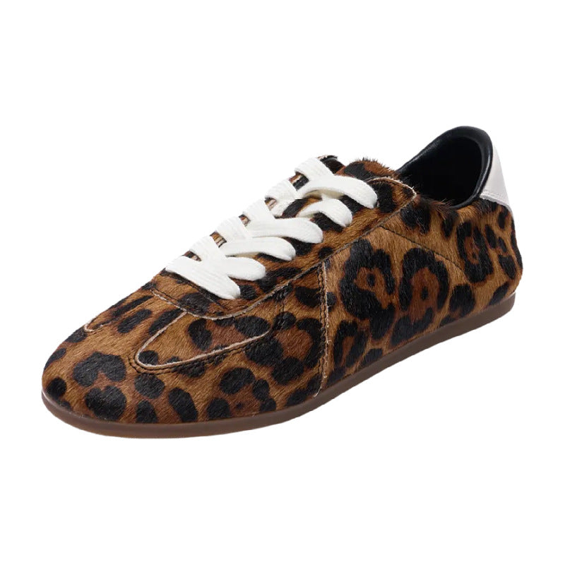 Women's Spring Genuine Lace Up Flat Leopard Print Women's Sports Shoes