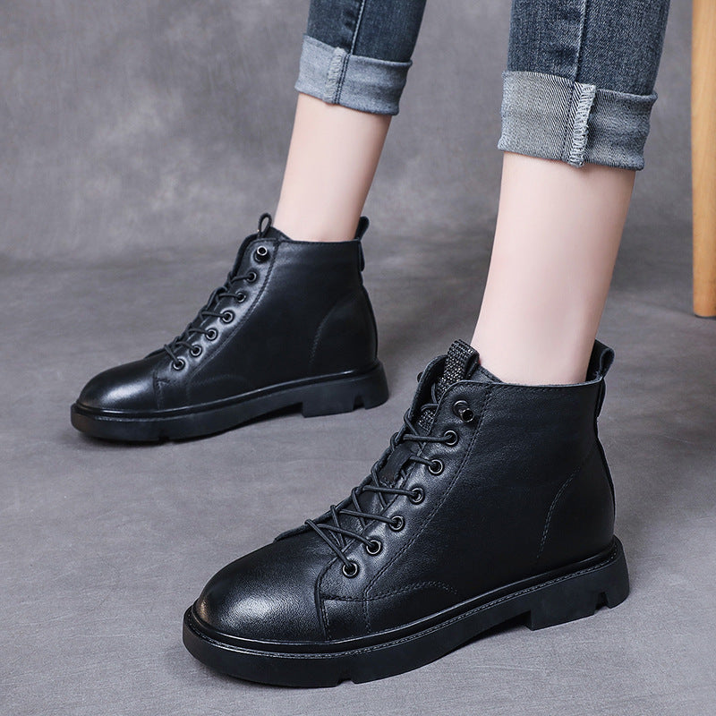 Martin Low Elastic Band Flat Comfortable Round Head Women's Leather Boots