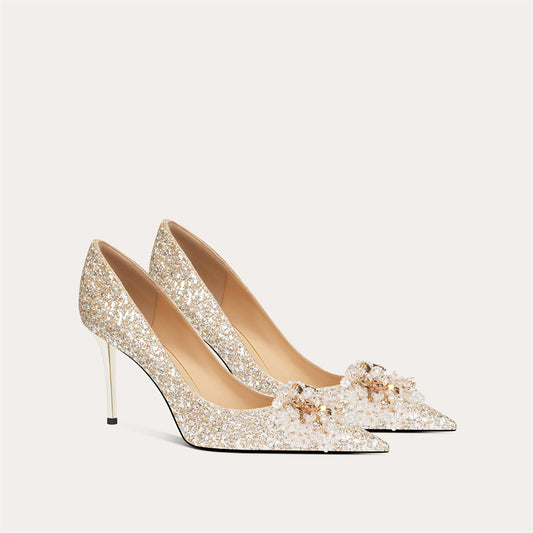 Women's Pointed Toe Crystal Wedding French Stiletto Chinese Bridal Red Rhinestone Women's Fashion Shoes
