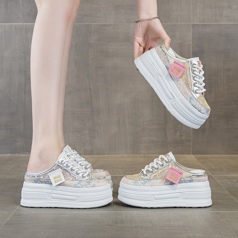 Women's Summer Breathable Half Mesh Surface White Thick Bottom Women's Casual Shoes