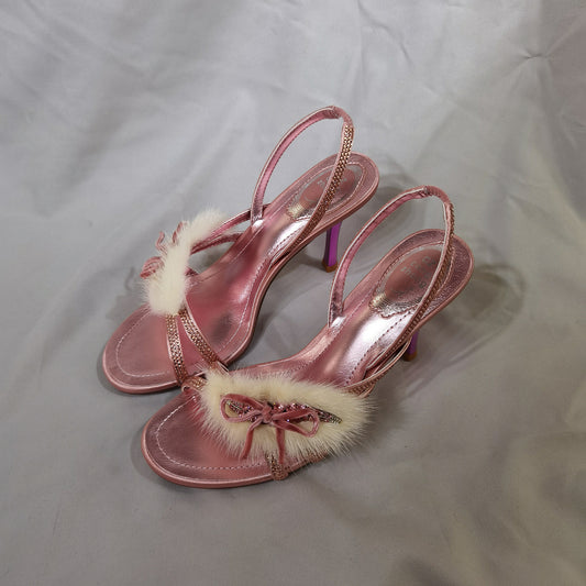 Women's Mink Fur Stiletto Banquet Party Open Toe Rhinestone Heels