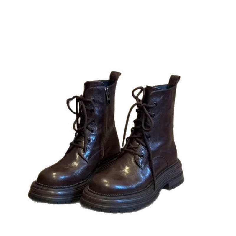 Women's Cowhide Version Platform Martin Elevator Ankle Small Black British Boots