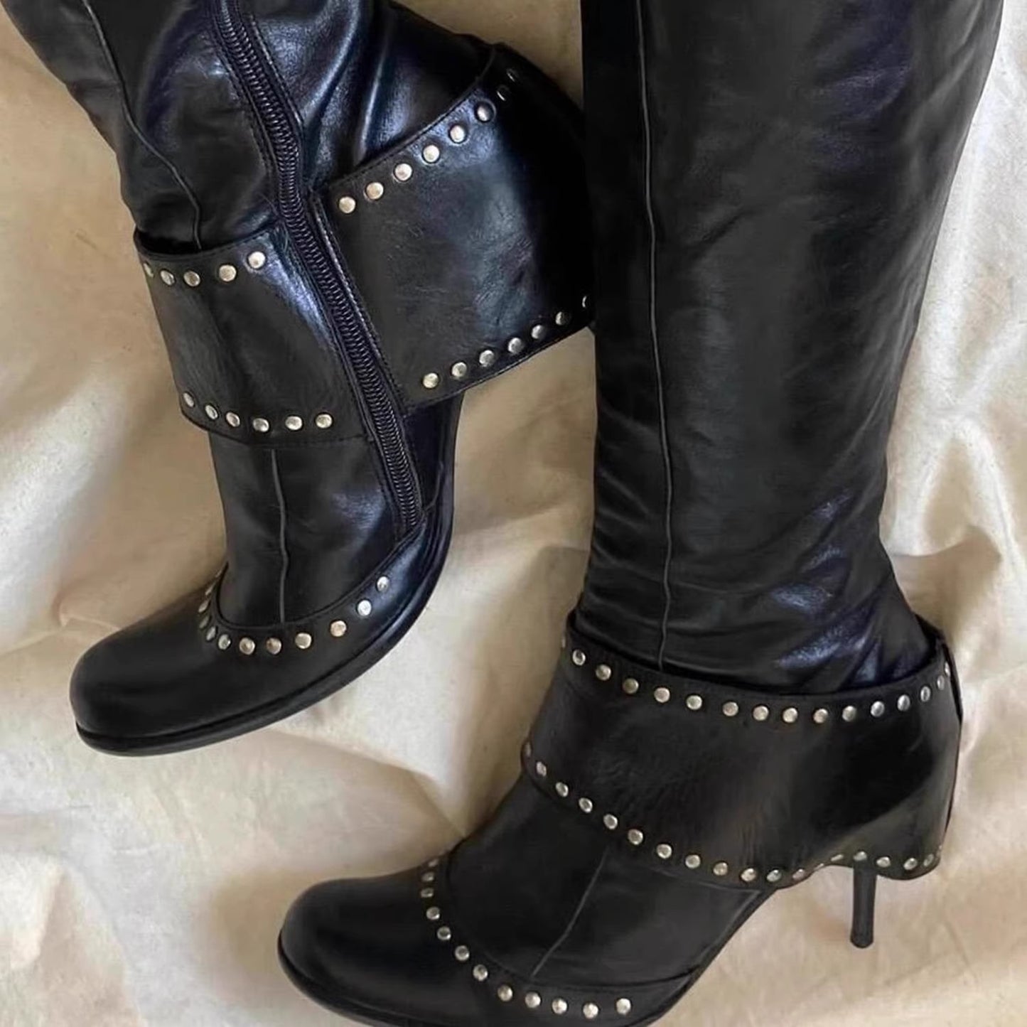 Rivet Round Toe Fashion Hot Stiletto Large High Dark Heels
