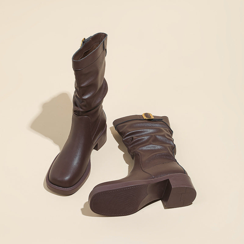 Women's Vintage Crumpled Short Popular Fashion Matching Thick Women's Leather Boots