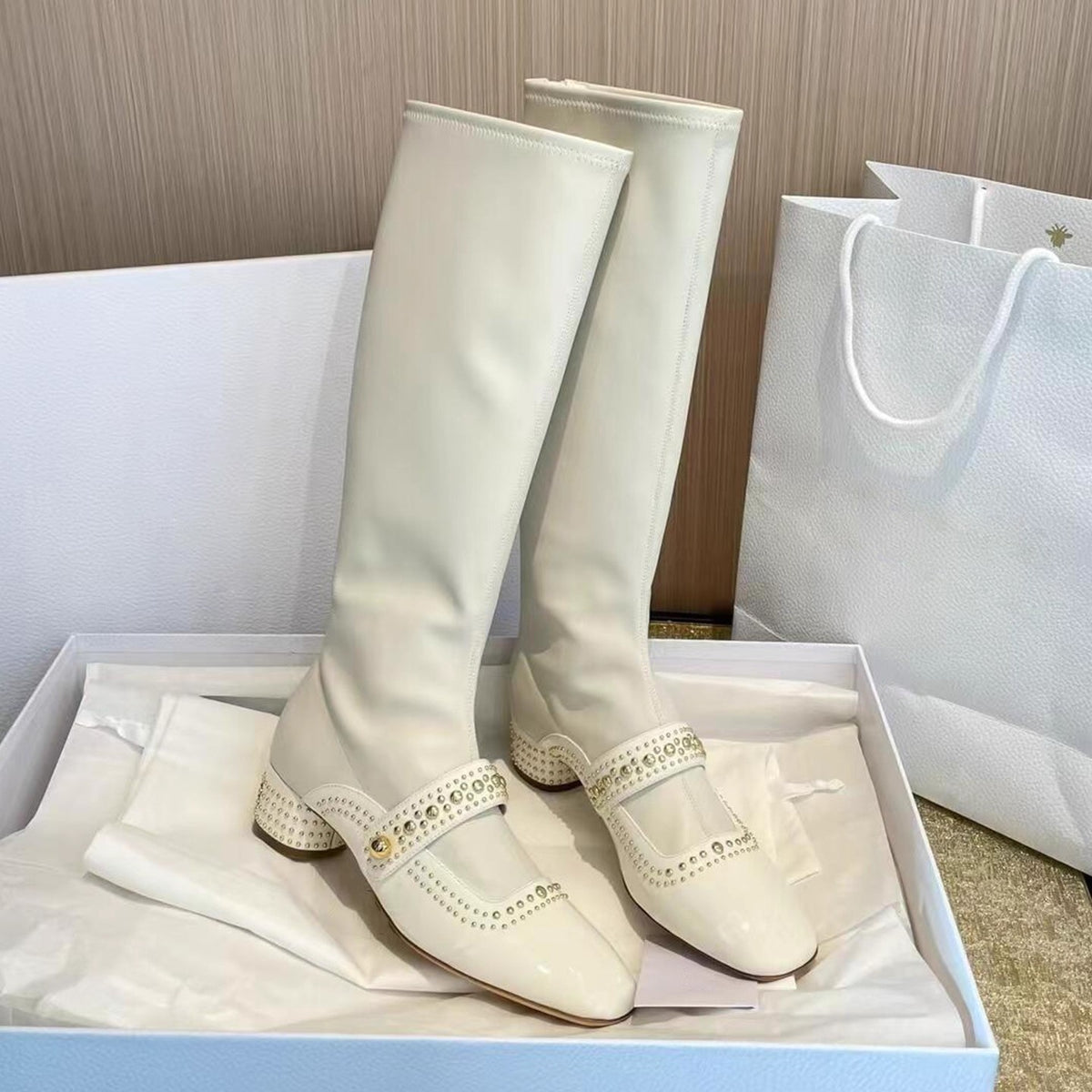 Square Toe Rivet Strap Knight Thick Thin Female Grape Women's Leather Boots