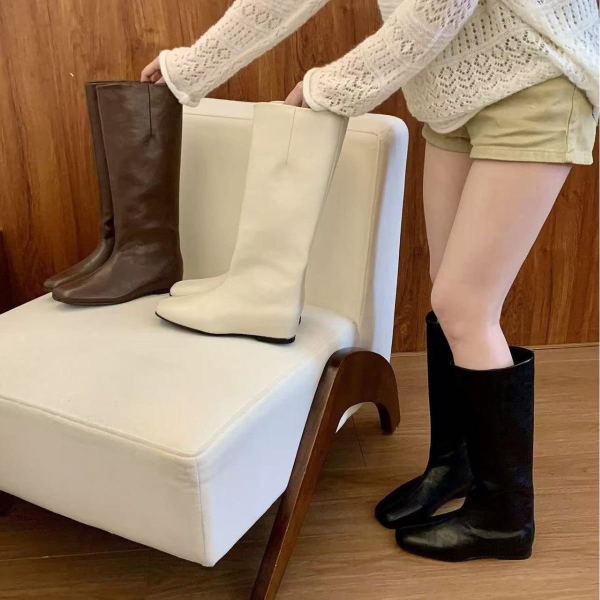 Insole French Beige Long Biker Female Autumn Square Head Skinny Boots