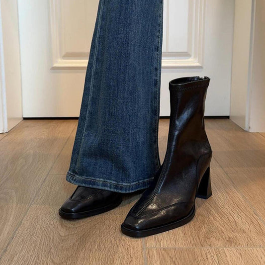 Women's Square Toe Skinny All Match Retro Style Brown Boots