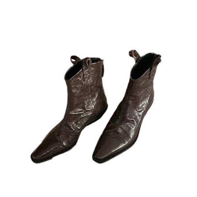 Women's Pointed Toe V-shaped Mouth Slimming Thick Wrinkle Western Short Martin Women's Leather Boots