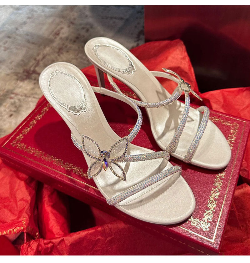 Women's Rhinestone Spring Stiletto Open Toe Bow Cross Strap High Heeled Sandals