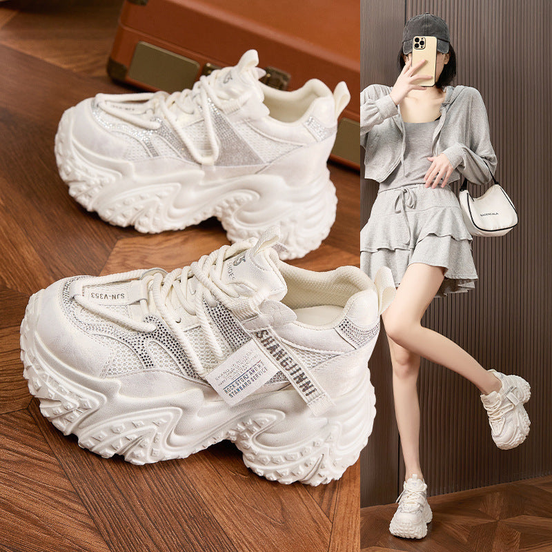 Women's Height Increasing Insole Dad Spring Fashion Rhinestone Sneakers