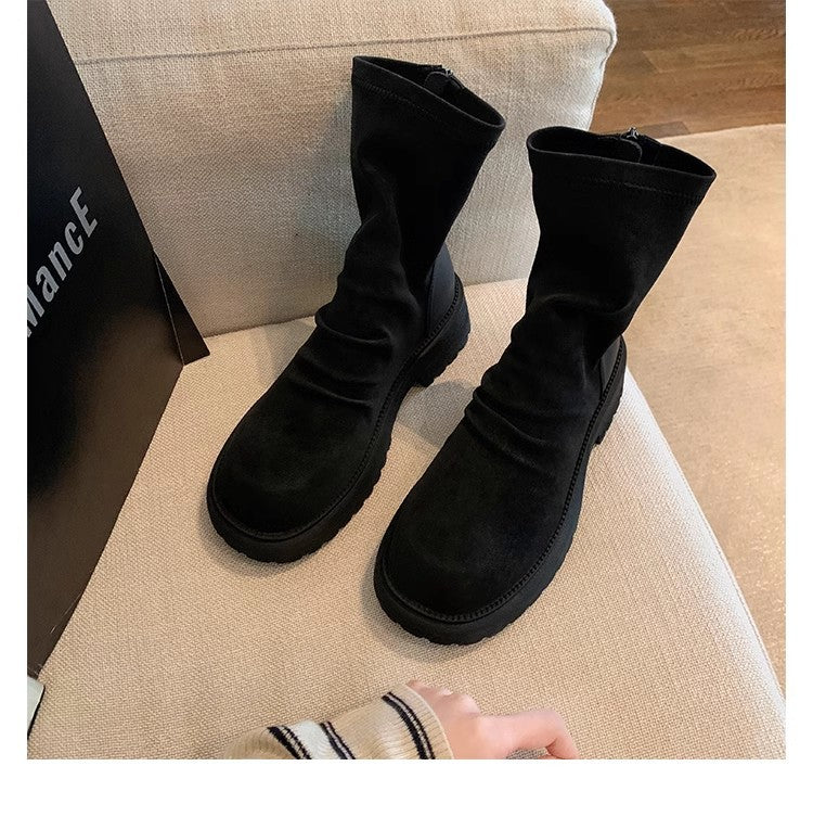 Women's Platform Skinny Round Toe Pleated Back Women's Leather Boots