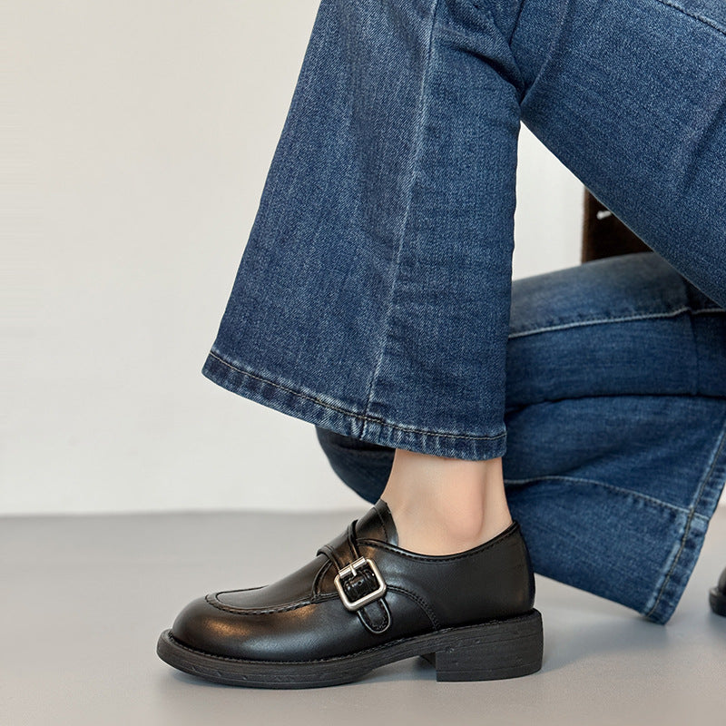 Women's British Style Belt Buckle Chunky Fleece Lined Thermal Versatile Women's Casual Shoes
