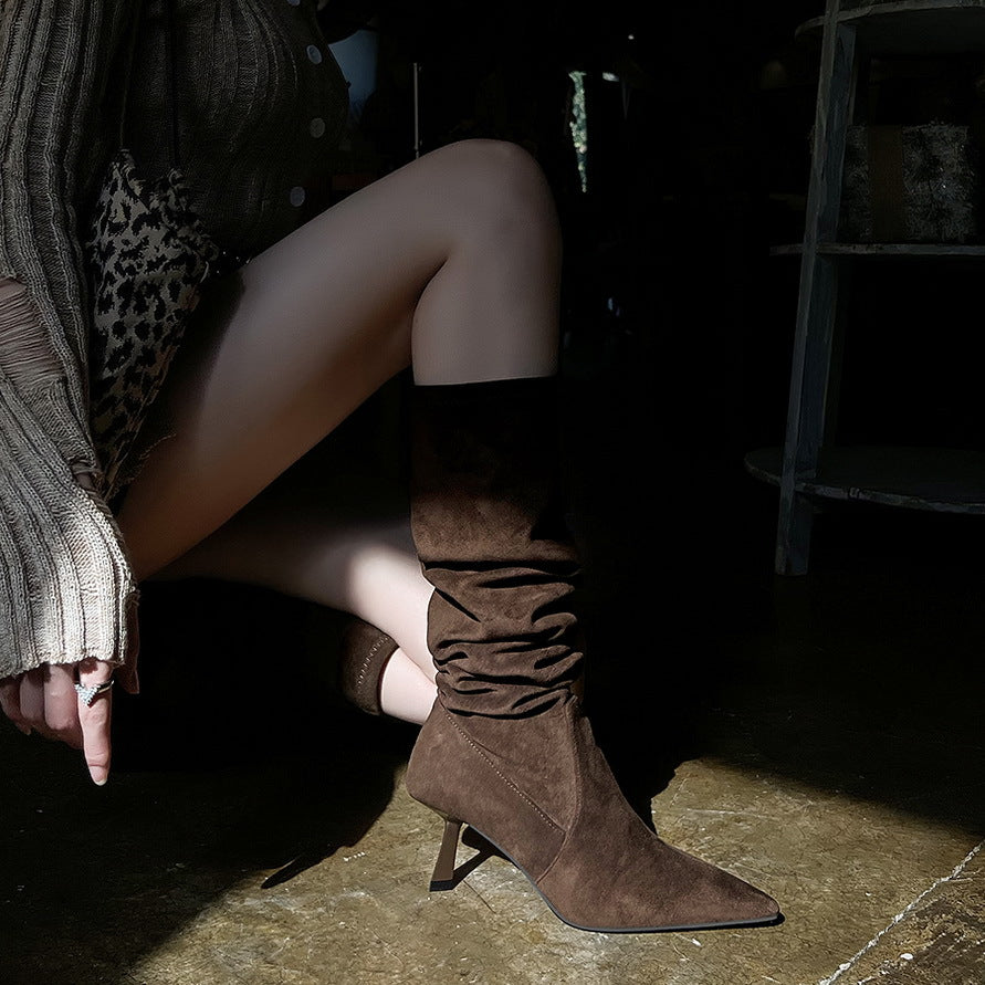 Women's Stiletto Pleated Pile Style Stretch Pointed Toe Skinny High Women's Leather Boots