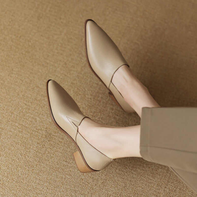 Genuine Handmade Pointed Sheepskin Temperament Deep Mouth Chunky Pumps Female Women's Casual Shoes