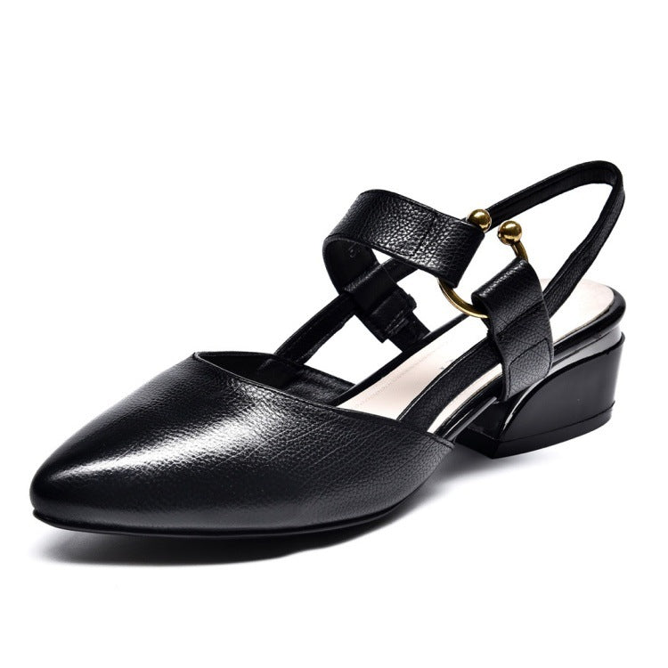 Women's Mid Square Toe Pumps Buckle Cowhide High Heeled Sandals