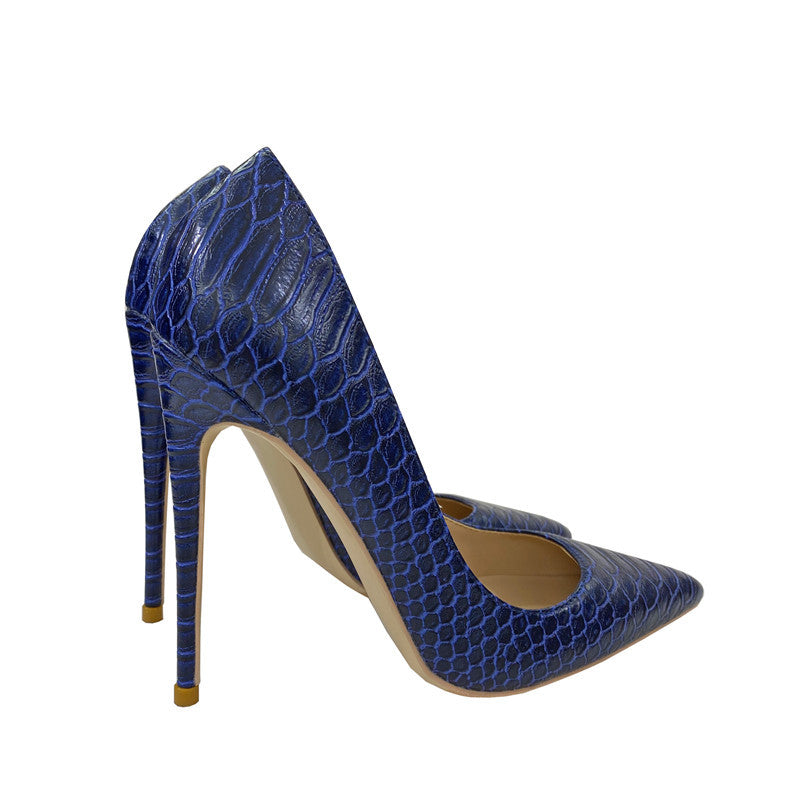 Blue With Snake Texture High Pointed Toe Stiletto Heels