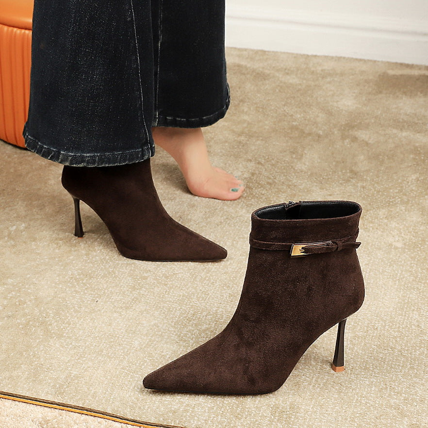 Women's Fashion Sexy Pointed Toe Suede Stiletto Belt Buckle Heels