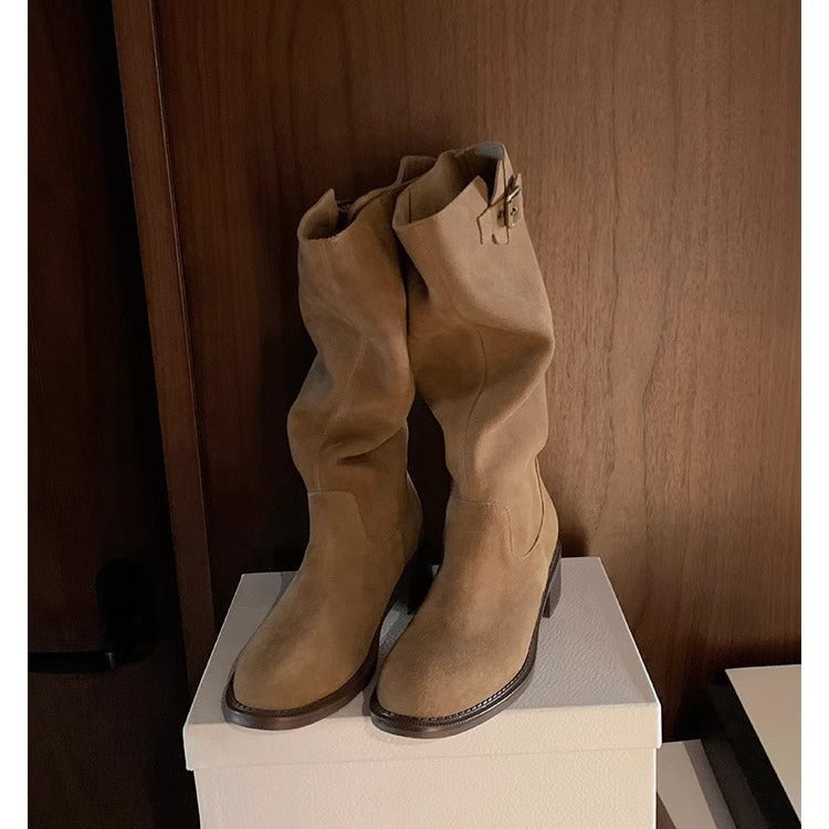 Women's Cowhide Pointed Round Head Genuine Buckled Chunky Thigh Heels
