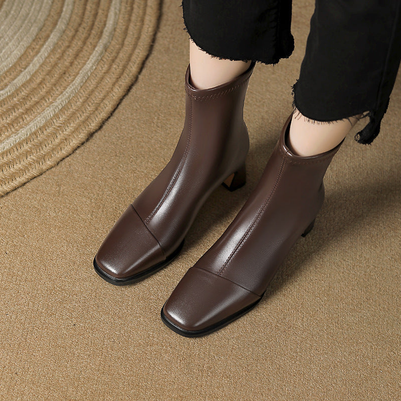 Square Toe Chunky Rear Zipper Martin High Heels
