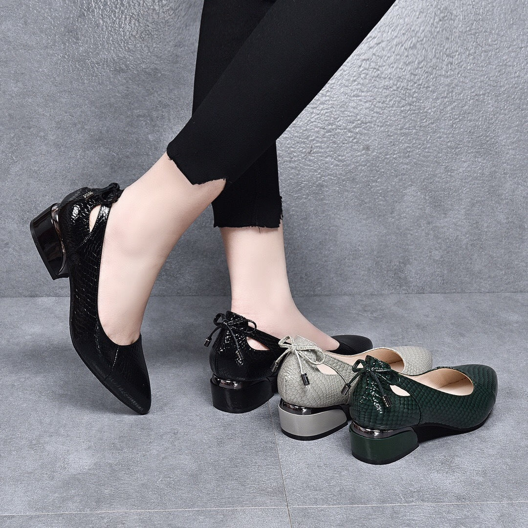 Women's Chunky Low-cut Mid Authentic Soft Bottom Pointed Low Bow Heels