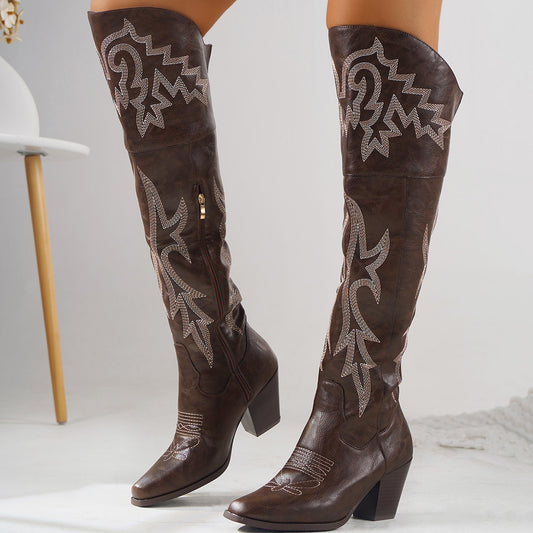 Women's Large Size Long Western Cowboy Knight Over Women's Leather Boots