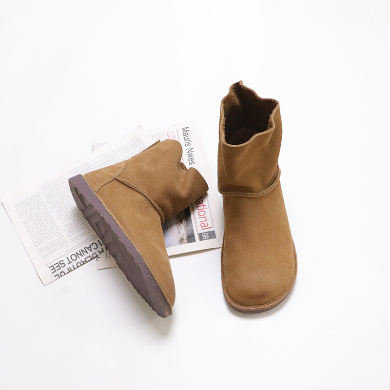 Autumn Solid Color Round Toe Top Layer Cowhide Slip-on Flat Boots