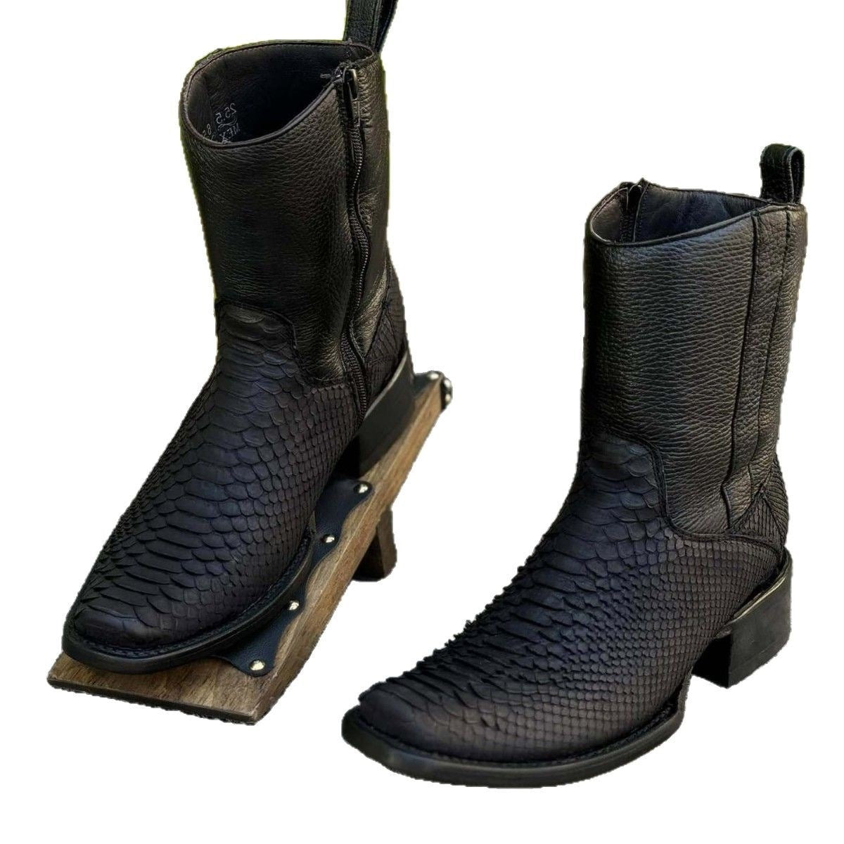Men's Knight Crocodile Square Head Snake Pattern Men's Leather Boots
