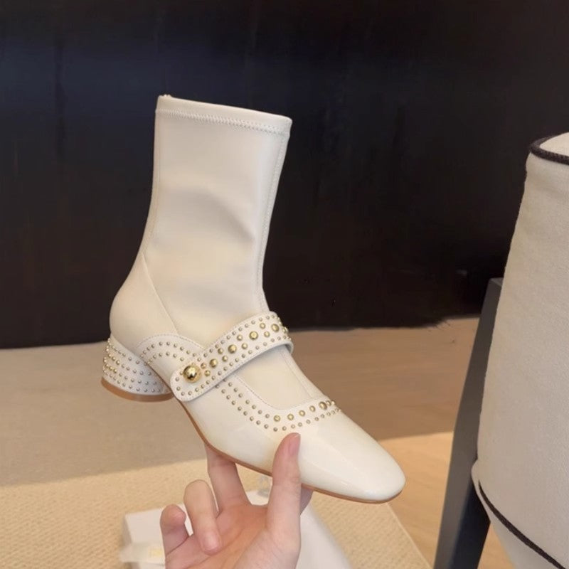 Square Toe Rivet Strap Knight Thick Thin Female Grape Women's Leather Boots