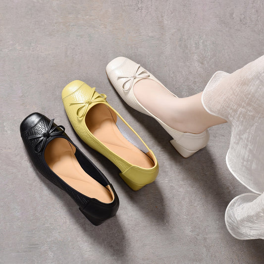 Women's Soft Calfskin Pumps Not Tired Feet French Round Toe Flat Heels