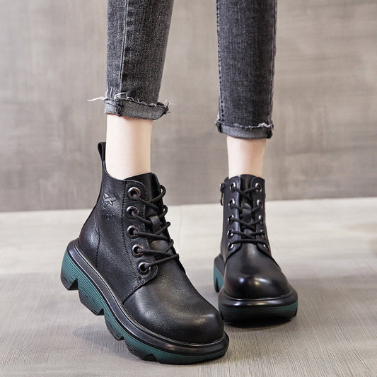 Women's Ethnic Retro Martin Platform Height Increasing First Layer Cowhide Women's Leather Boots