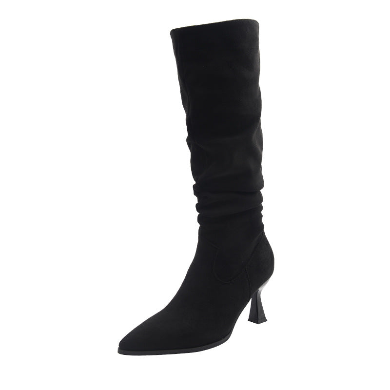 Women's Thick Leg Big Tube Circumference High Pointed Toe Pile Style Heels