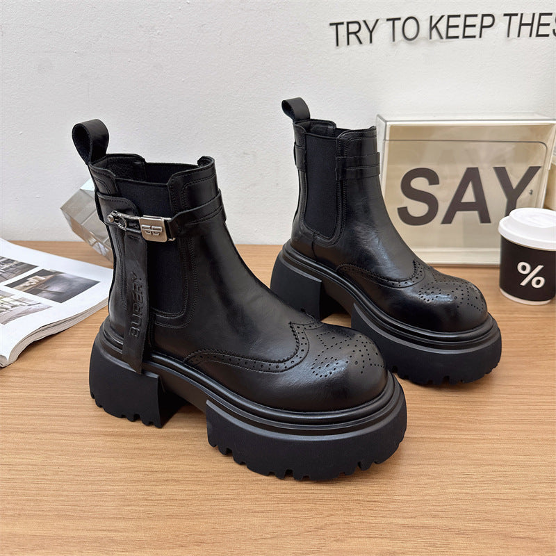 Women's Autumn British Style Thick Bottom Brogue Women's Leather Boots