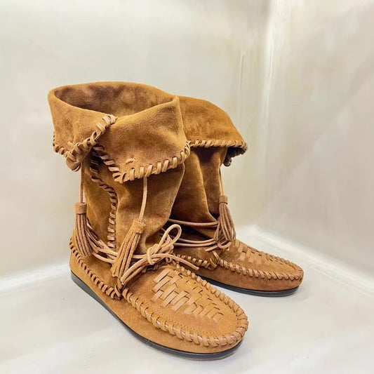 Toe Vintage Tassel Flat Strap Tall Knight Boots