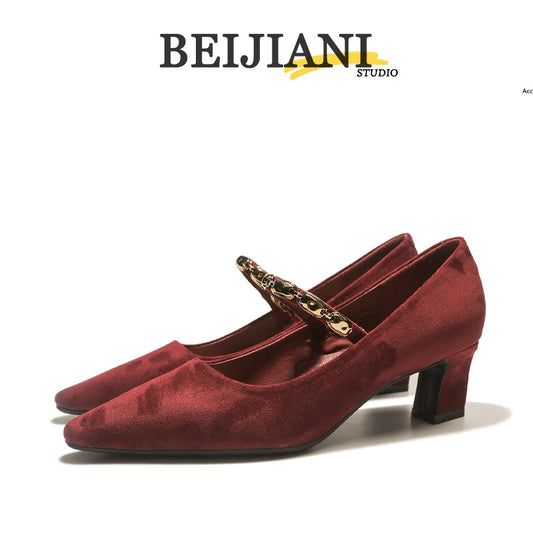Women's French Cashmere Temperament High Chunky Mid Women's Fashion Shoes