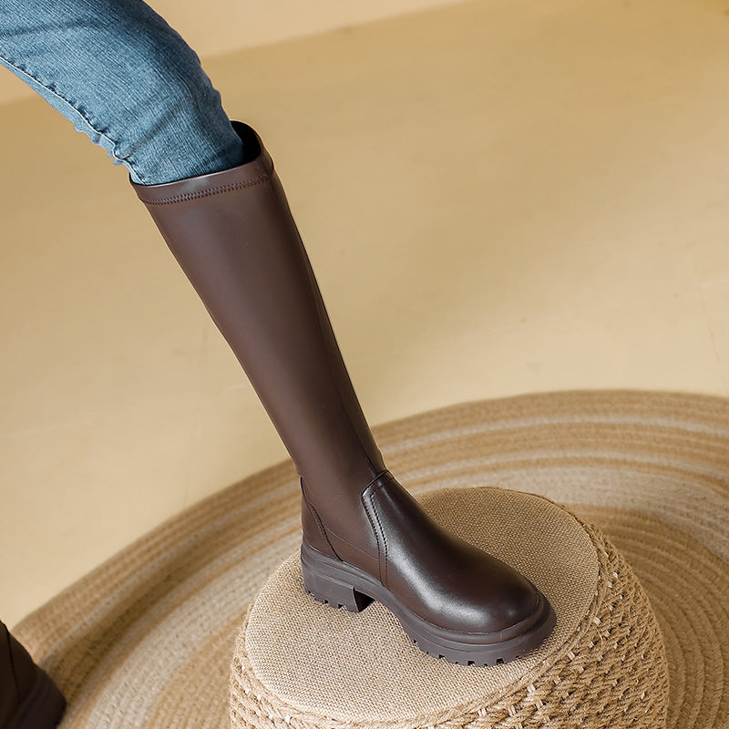 Platform Large Small Size Fleece-lined Below The Knee Fat Widened Women's Leather Boots