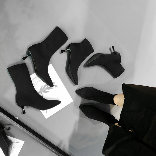 Women's Long Elastic Socks Fine With Black Stretch Pointed Knitted Skinny Heels