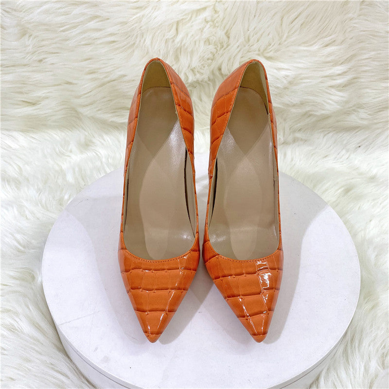 Women's Orange Snakeskin Pointed Toe Stiletto Low-cut Women's Fashion Shoes